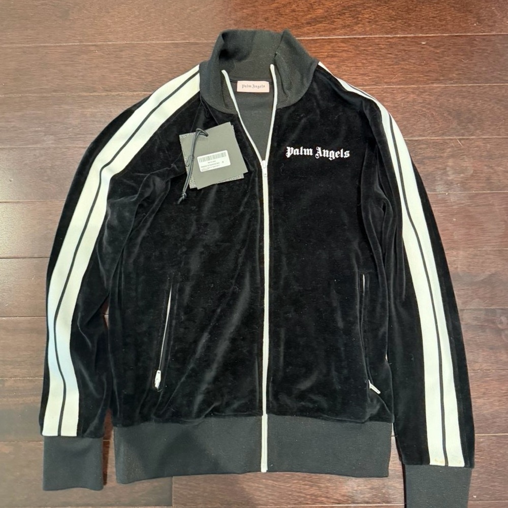 Palm Angels Black Velour Bomber Jacket with White Sleeve Stripes